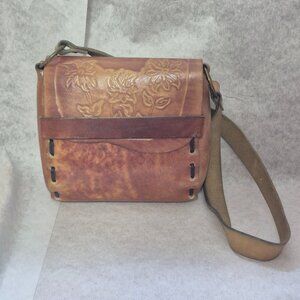 VTG 70s/80s Tooled Leather Shoulder Bag  Handmade Boho Floral Satchel  Brown